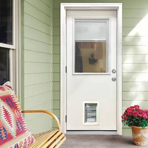 32 in. x 80 in. Reliant Series Clear Mini-Blind RHOS White Primed Fiberglass Prehung Front Door with Med Pet Door