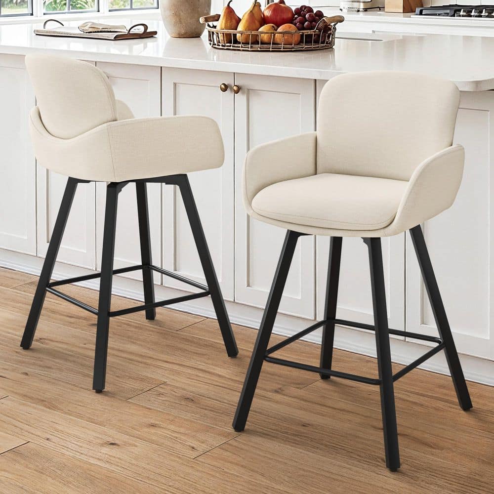 Modern 26 in. Beige Linen Fabric Low Back Metal Swivel Bar Stools Counter Stool with Armrest and Footrests (Set of 2) price history on PriceWatchPro