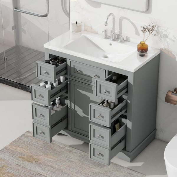 36 in. W x 18 in. D x 34 in. H Single Sink Bath Vanity in Gray with White Ceramic Top