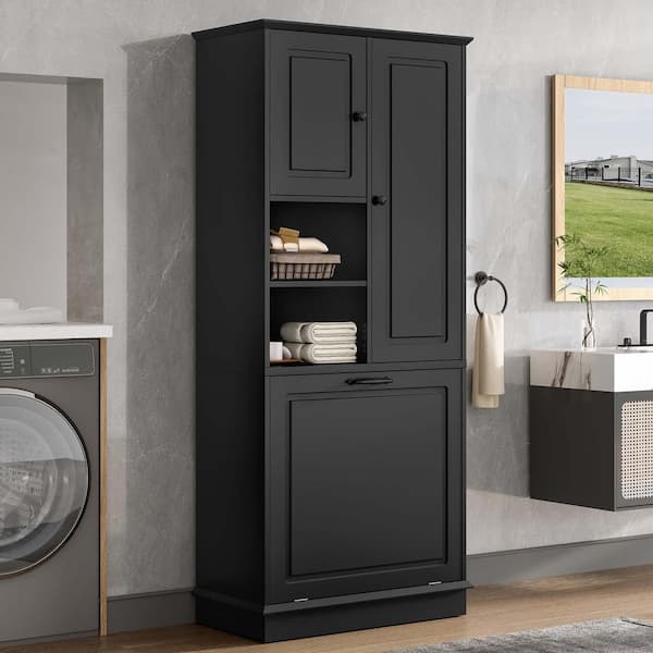 30 in. W x 14 in. D x 68 in. H Black Linen Cabinet, Bathroom Storage Cabinet, Large Flip-Out Basket, Adjustable Shelves