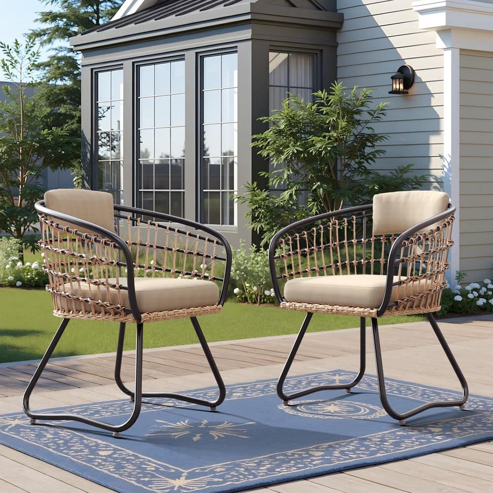 Metal Dining Chair with Powder Coating 2-Piece Outdoor Rattan Wicker Chairs with Cushions and Backrest Pillow in Beige price history on PriceWatchPro