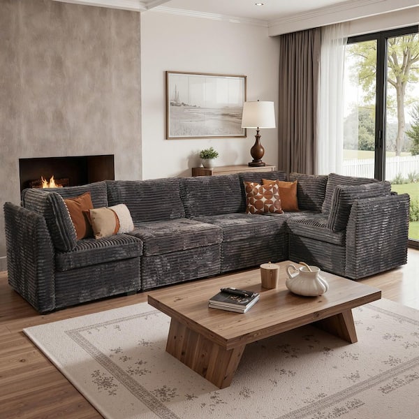 CUKE 127 in. 5-Piece Modern Deep Seat Plush Corduroy L-Shape Modular Sectional Sofa Couch in Gray with 3 Corner Chairs