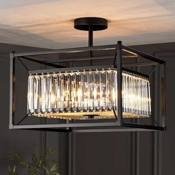 Arvin 15.75 in. W 4-Light Square Crystal Semi-Flush Mount Light, Modern Black Finish for Living Room, Dining Room