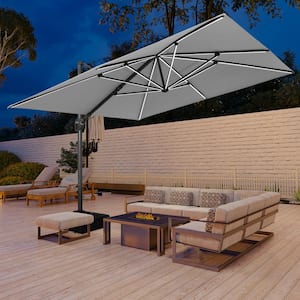 11 ft. Square Cantilever Hydraulic lifting Large Offset Outdoor Patio Umbrella with LED Light in Gray with Stand