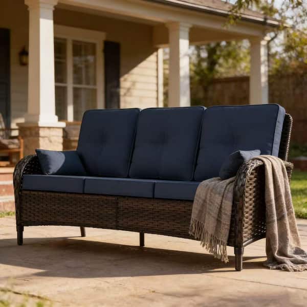 Brown Rattan Wicker Outdoor Patio 3-Seat Couch with Blue Cushions, Sofa Cover