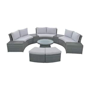 10-Piece PE Wicker Rattan Outdoor Sectional Half Round Patio Sofa with Light Gray Cushions