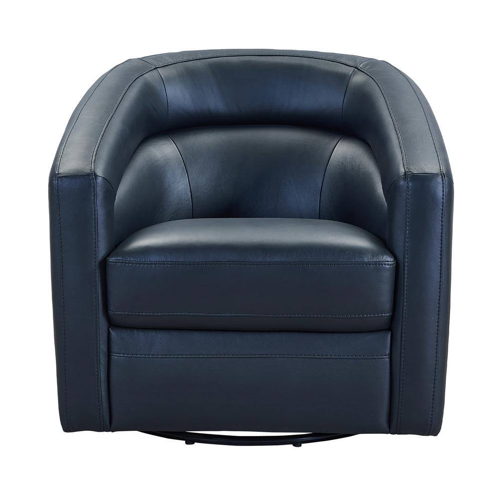 Contemporary Black Leather Swivel Barrel Accent Chair with Wood Base