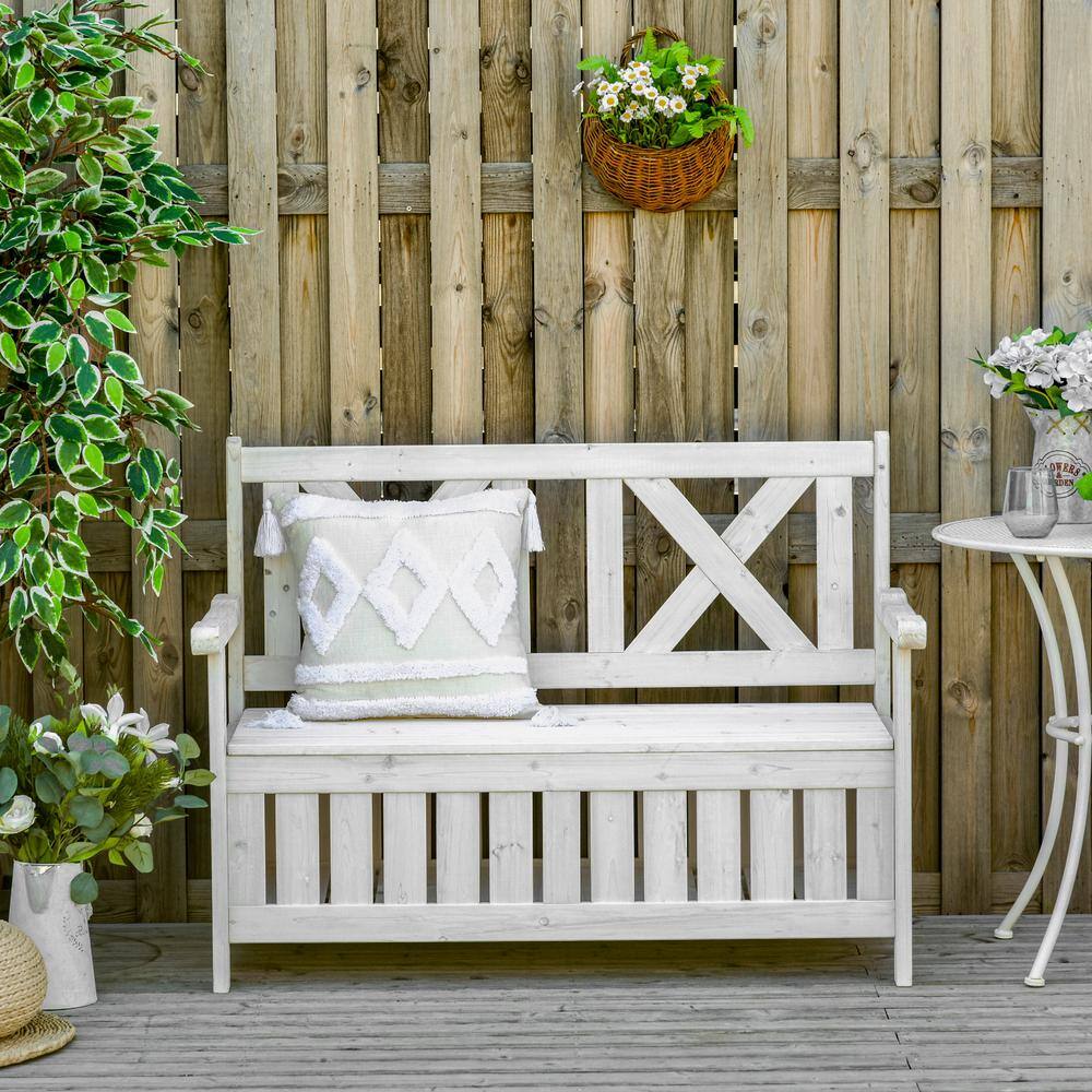 White Painted Fir Wood Outdoor Storage Bench with High Back