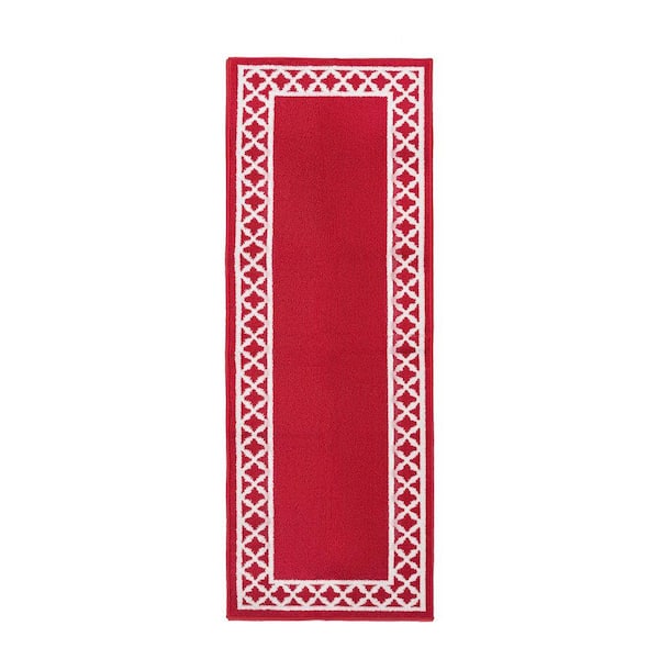 Washable Skid Resistant Red/White 2.2 ft. x 6 ft. All Loop Tufted Area Rug