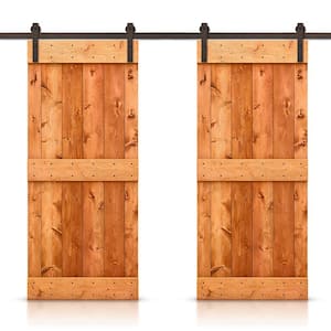 48 in. x 84 in. Mid-Bar Series Red Walnut Stained Solid Pine Wood Interior Double Sliding Barn Door with Hardware Kit