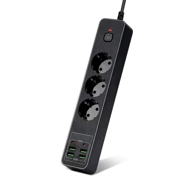 Etokfoks 3-Outlet EU Plugs Sockets Standard Grounded Power Strip with 4 USB 2.0 and 2 Type C Ports