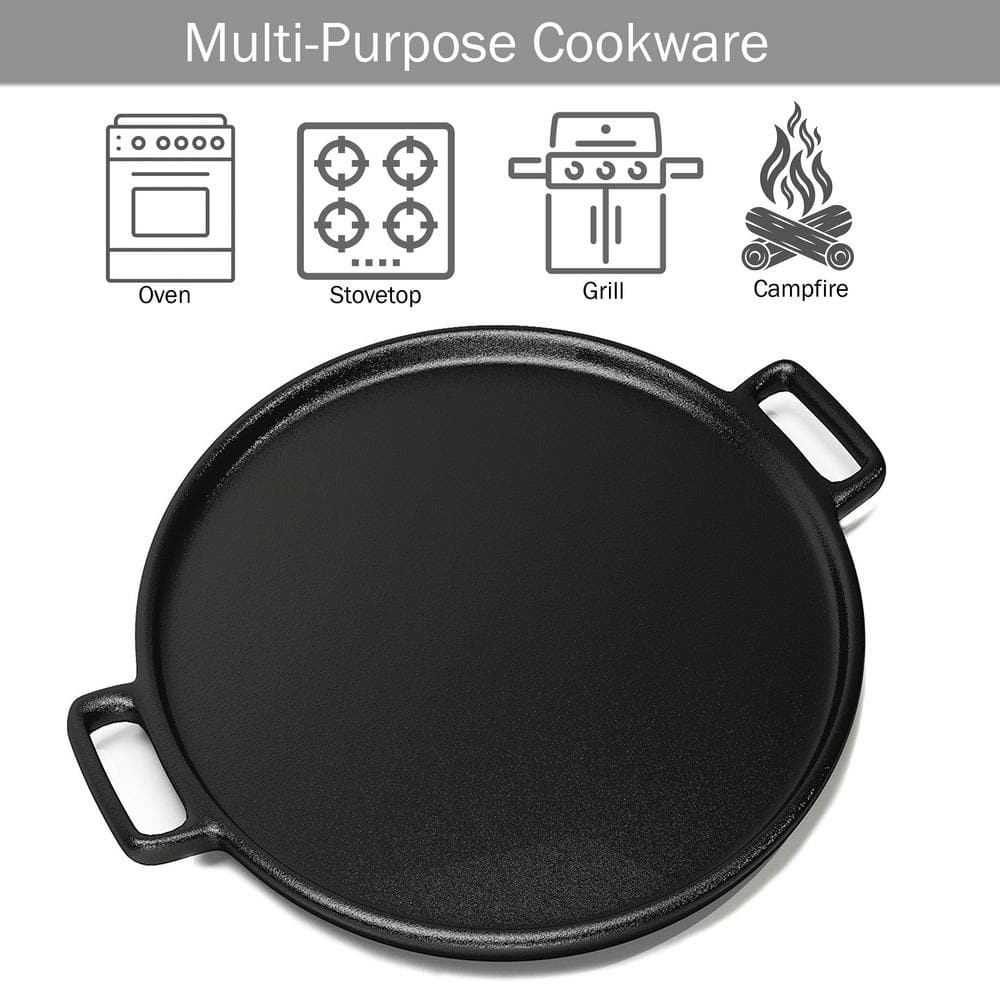 14" Black Cast Iron Round Pizza Pan with Handles