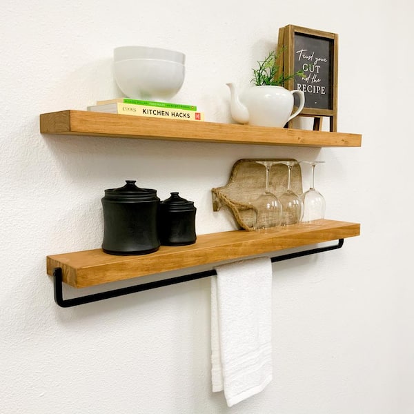 2 Pack Wall Decor Wood Rustic Floating Shelves, Storage Shelves with Towel  Bar for Bathroom, Kitchen, Bedroom, Living Room