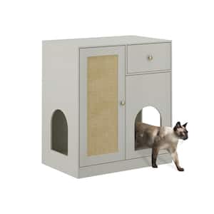 Litter Box Enclosure With Sisal Door And 3 Cat Holes, Indoor Wooden Hidden Cat Washroom Storage Cabinet with Drawers