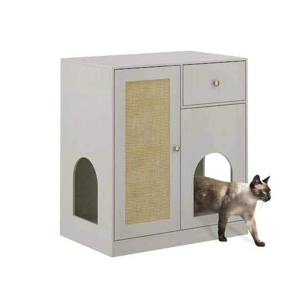 FUFU&GAGA Litter Box Enclosure With Sisal Door And 3 Cat Holes, Indoor Wooden Hidden Cat Washroom Storage Cabinet with Drawers