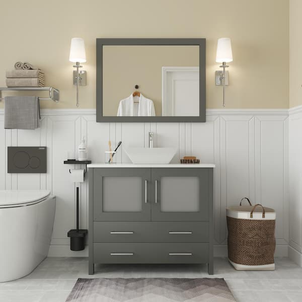 Vanity Art Ravenna 36 in. W Bathroom Vanity in Grey with Single Basin in White Engineered Marble Top and Mirror