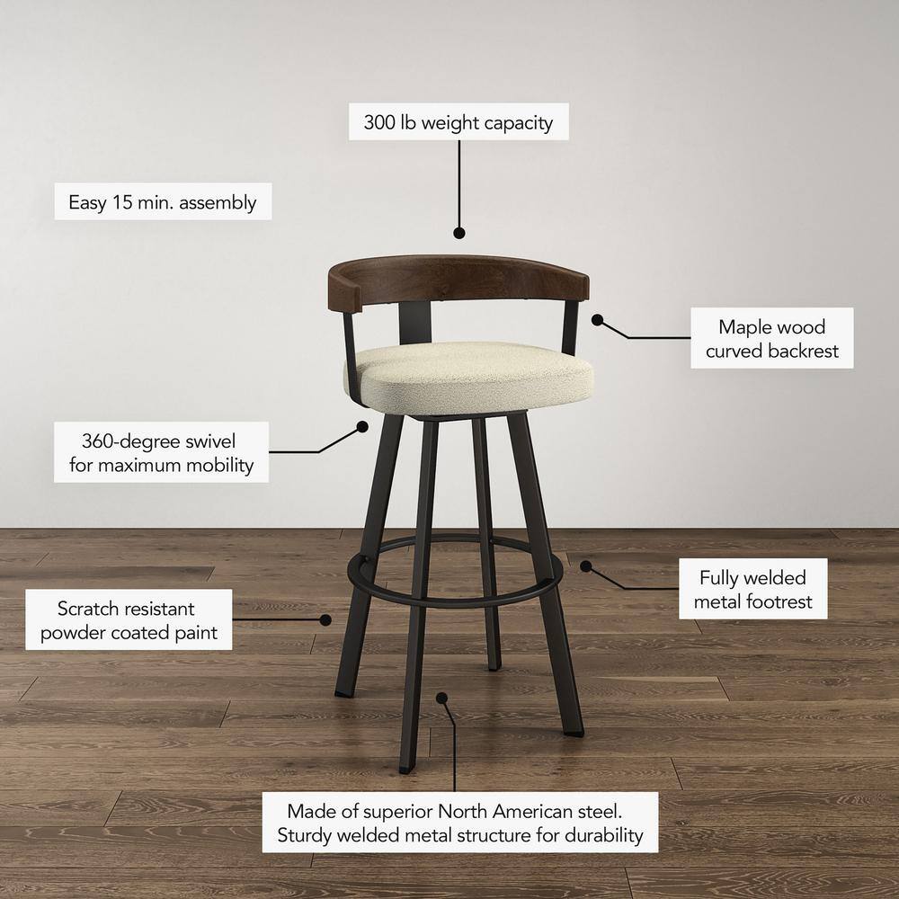 Lars 37'' Cream Bouclé and Black Metal Swivel Barstool