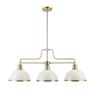 Beckett 3-Light Matte White Linear Chandelier with Metal Shades and Matte Brass Accents