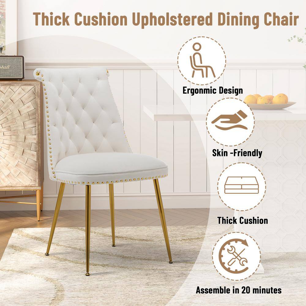Beige Velvet Upholstered Side Chair with Gold Metal Legs