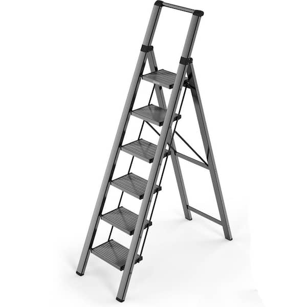 6 Step Foldable Ladder with Non-Slip Wide Pedals and Safe Handrail Reach 12 ft. High Ceiling 300 lbs. Capacity - Black