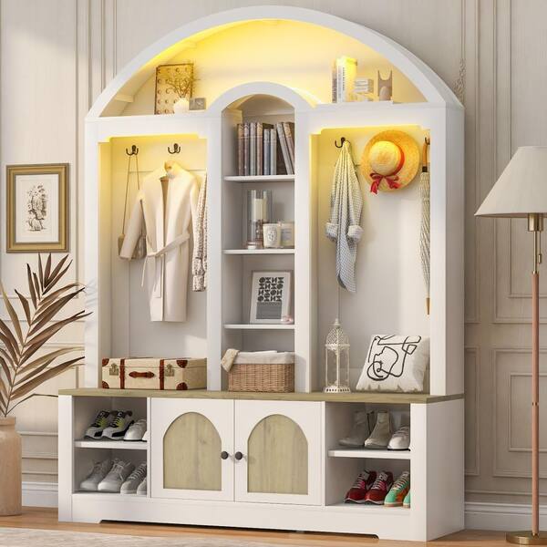 UOI White and Walnut MDF Hall Tree with Curved Design, Open