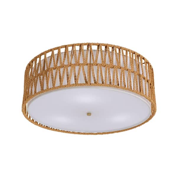 OUKANING 17.72 in. 3-Light Wood Bohemia Flush Mount Ceiling Light with Hand-Woven Shade and No Bulbs Included
