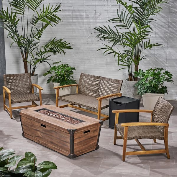 Noble House Azalea Natural Finished 5-Piece Wood Patio Fire Pit Seating Set
