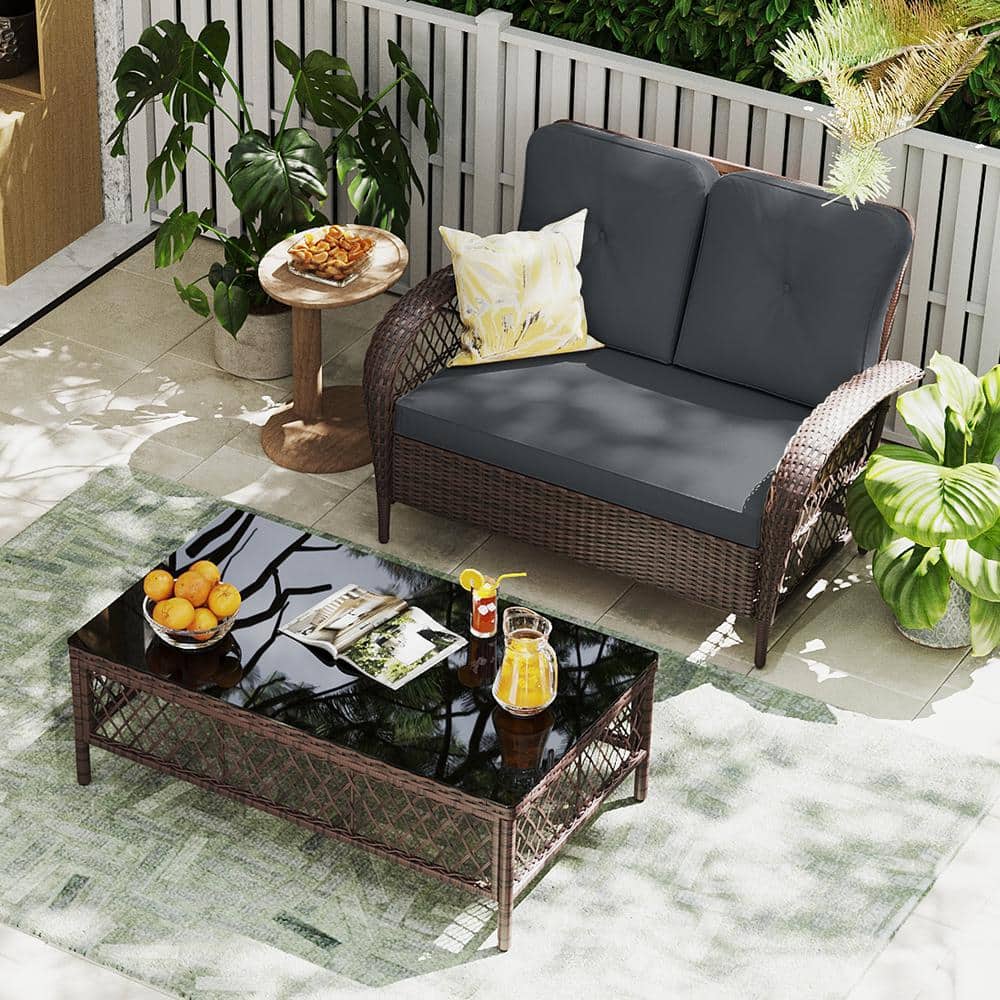 2-Person Brown Wicker Patio Conversation Seating Set with Dark Gray Cushions and Coffee Table price history on PriceWatchPro