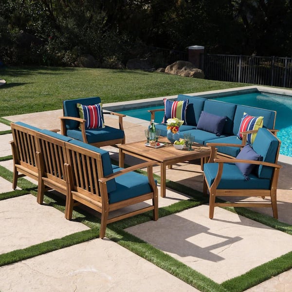Noble House Giancarlo Teak 9-Piece Wood Outdoor Patio Sofa Set with Blue Cushions