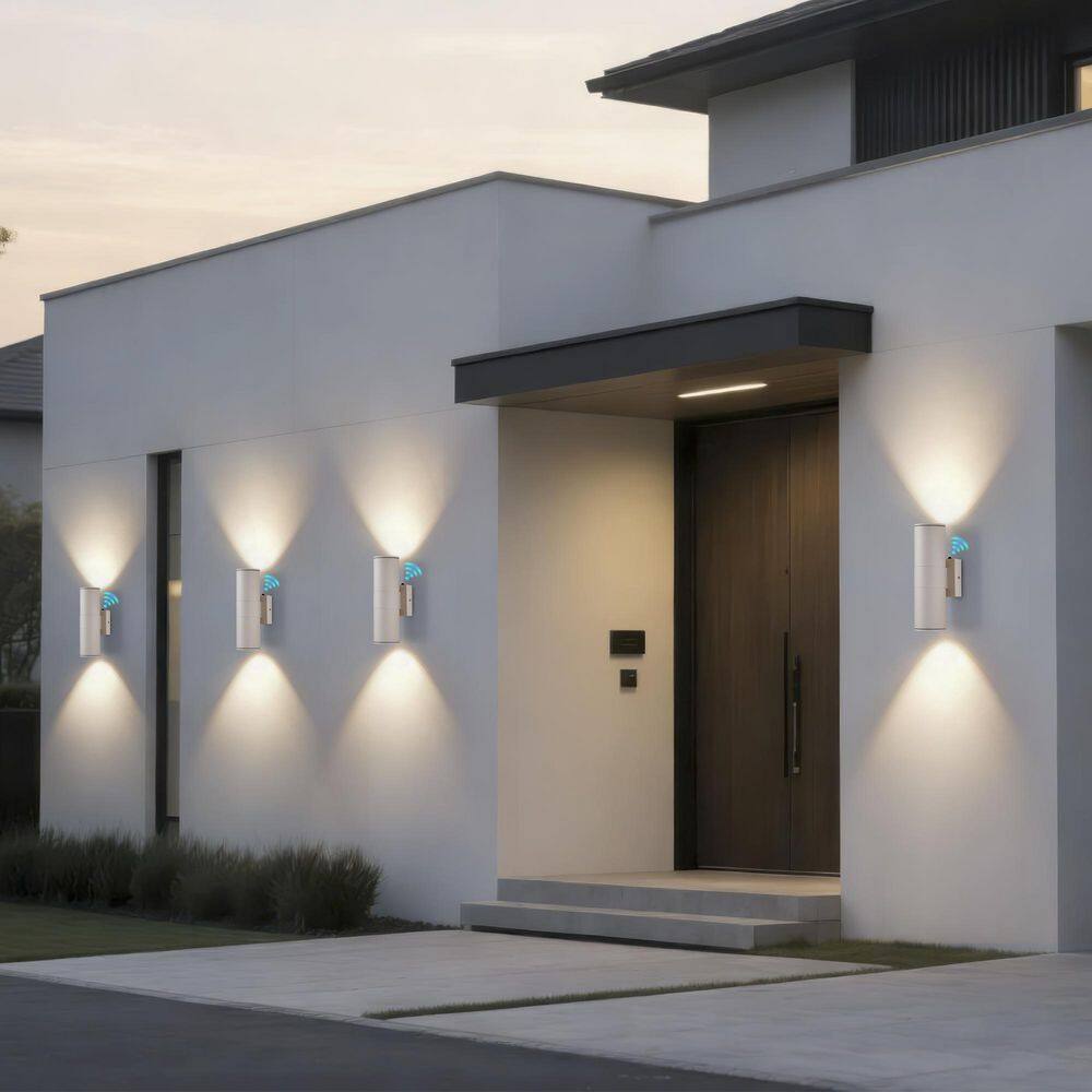 12 in. White Aluminum Modern Outdoor Up and Down Cylinder LED Wall Sconce with Dusk to Dawn (2-Pack) price history on PriceWatchPro
