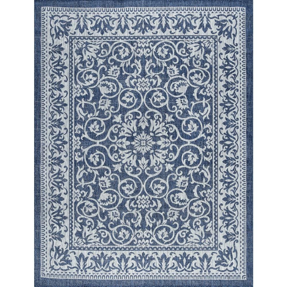 Navy Floral Synthetic 5' x 7' Rectangular Outdoor Rug