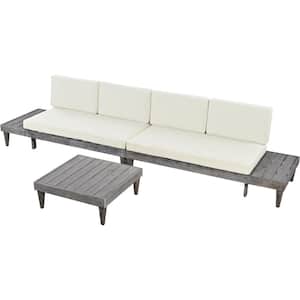 Outdoor 3-Piece Wood Patio Conversation Sectional Seating Set with Beige Cushions and Coffee Table