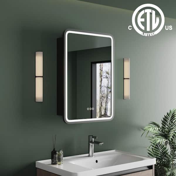 HBEZON Thalia 20 in. W x 28 in. H Rectangular LED Medicine Cabinet with Mirror, Recessed/Wall Mount, Black, Right Hinge