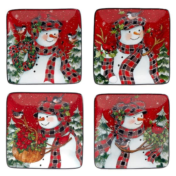 Certified International Christmas Lodge Snowman Multi-Colored Canape Plates Set of 4