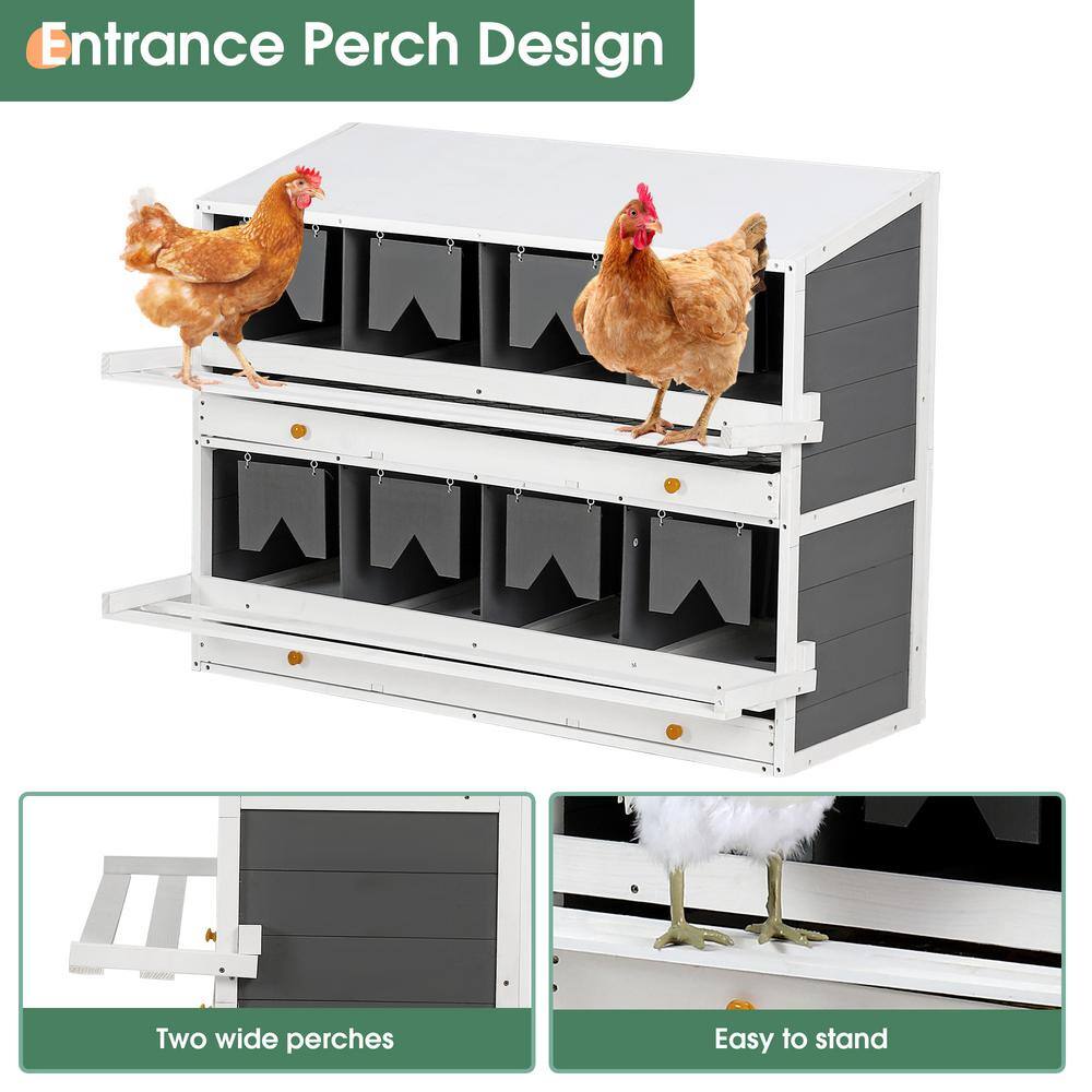 White and Gray Wooden Chicken Nesting Box with PVC Roof, 8 Compartments