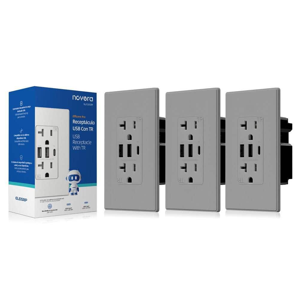 30W 6.0 Amp 3-Port USB Wall Outlet 20A Duplex Receptacle with Dual USB Ports, w/ Srewless Wall Plate, Matte Grey 3-Piece price history on PriceWatchPro