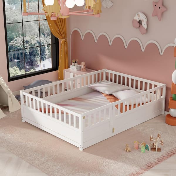 Harper & Bright Designs White Full Size Wood Frame Floor Bed, Platform Bed with High Security Fence and Door