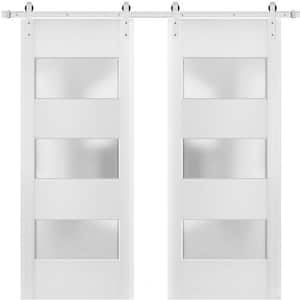 56 in. x 80 in. 3 Lites Frosted Glass White Finished Pine Wood Sliding Barn Door with Hardware Kit