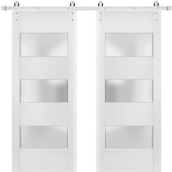Sartodoors 64 in. x 84 in. 3 Lites Frosted Glass White Finished Pine Wood Sliding Barn Door with Hardware Kit