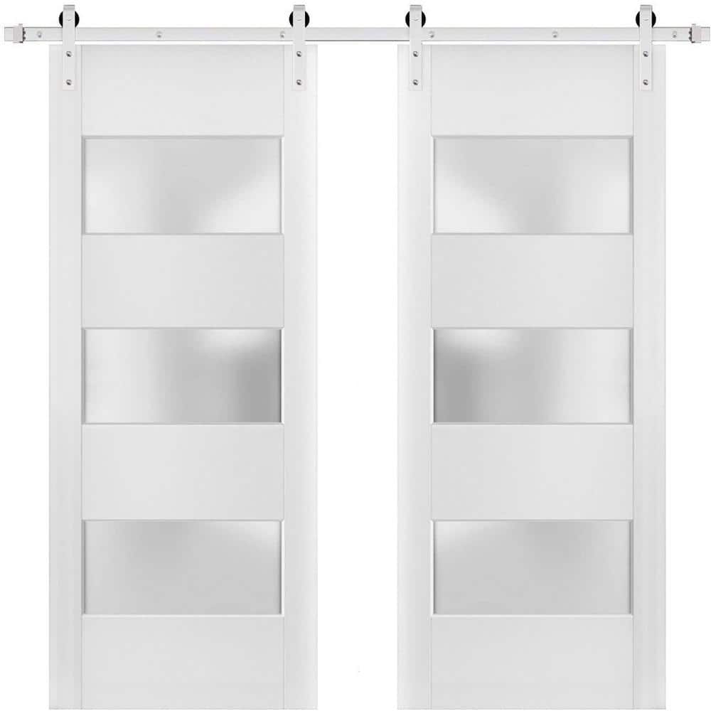 Assemble Required 72 in. x 84 in. 3-Lites Frosted Glass White Finished Pine Wood Sliding Barn Door with Hardware Kit price history on PriceWatchPro
