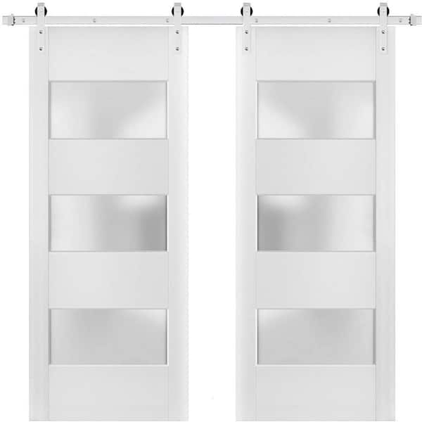 84 in. x 84 in. 3 Lites Frosted Glass White Finished Pine Wood Sliding Barn Door with Hardware Kit