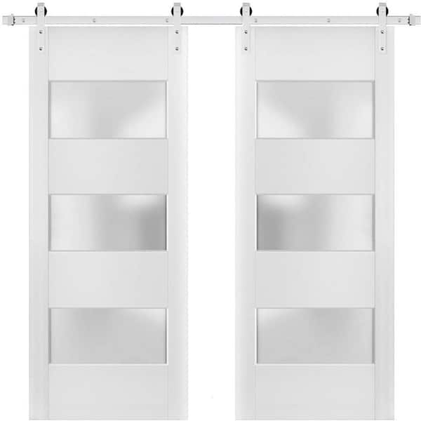 Sartodoors Lucia 4070 84 in. x 96 in. 3 Lites Frosted Glass White Finished Pine Wood Sliding Barn Door with Hardware Kit