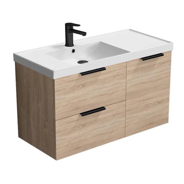 Nameeks Lisbon 36.2 in. W x 18.5 in. D x 21.65 in. H Modern Bathroom Vanity in Brown Oak With White Ceramic Top