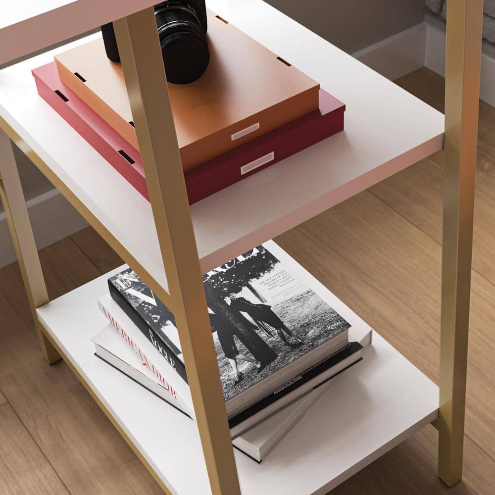 Modern White and Gold Desk with Open Shelves and Metal Frame