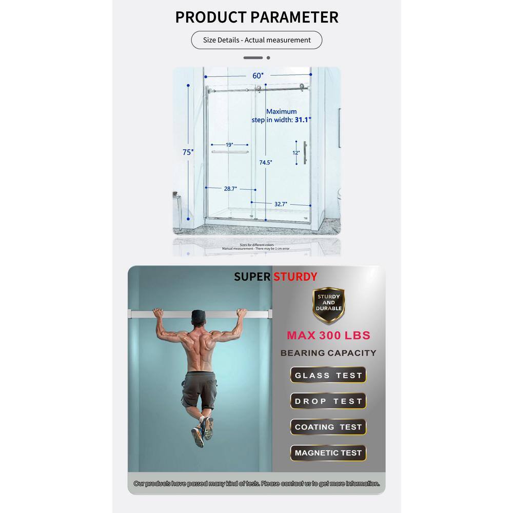 60" Chrome Semi-Frame Sliding Shower Door with Tempered Glass