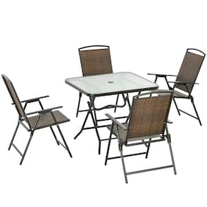 Dark Brown 5-Piece Wicker Outdoor Dining Set, Foldable Table and Chairs Set with Umbrella Hole, Tempered Glass Table