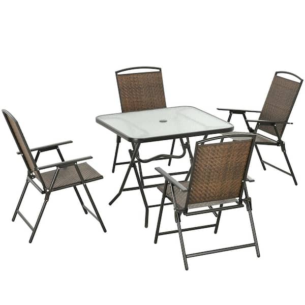 Unbranded Dark Brown 5-Piece Wicker Outdoor Dining Set, Foldable Table and Chairs Set with Umbrella Hole, Tempered Glass Table