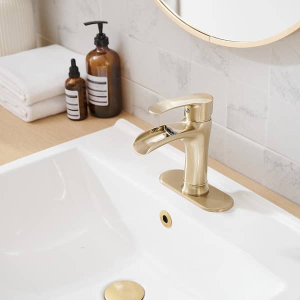 Waterfall Single Handle Single Hole Modern Bathroom Faucet Bathroom Drip-Free Vanity Sink Faucet in Brushed Gold
