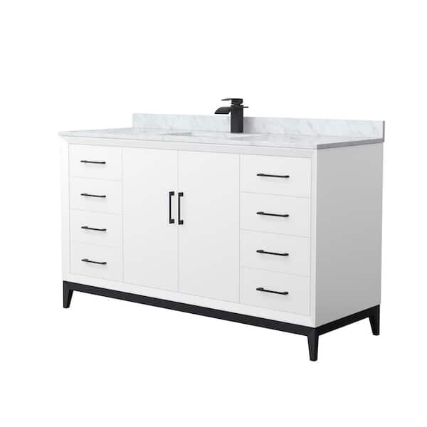 Wyndham Collection Amici 60 in. W x 22 in. D x 35.25 in. H Single Bath Vanity in White with Matte Black Trim with White Carrara Marble Top