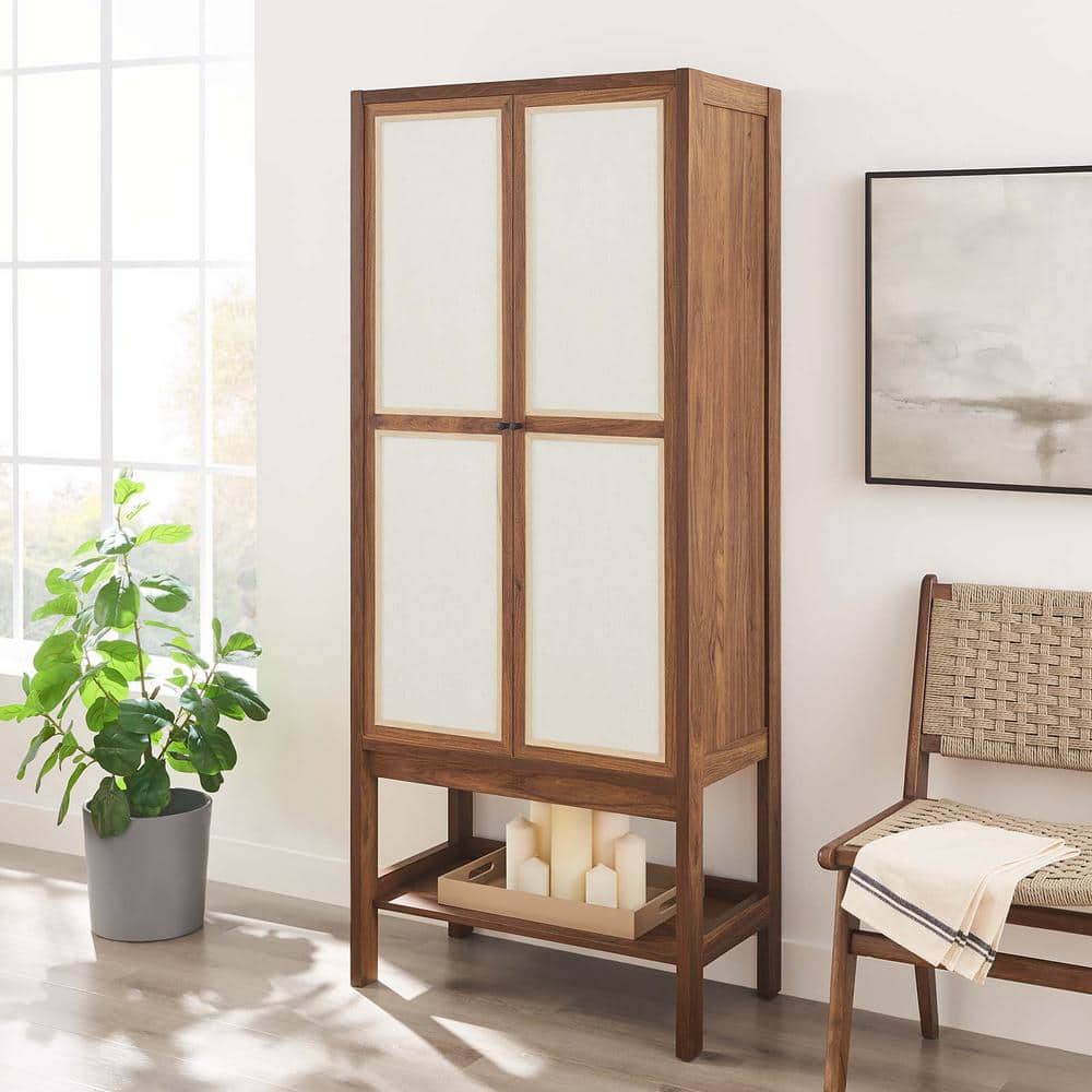 Capri Tall Walnut Wood Grain Freestanding Storage Cabinet with Linen Doors
